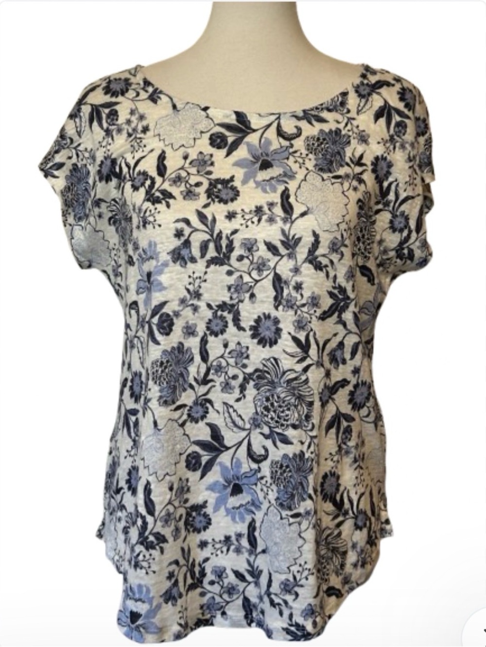 New Rachel Zoe Linen Top Blue Floral Print Cap Sleeve L